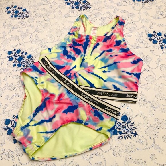 JUSTICE Girls Swimsuit Tankini Swim Tank Bikini Size L 12/14 Tie Dye Zip - Picture 13 of 16